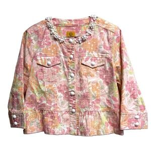Ruby Rd Petite 12P Floral Beaded Embellished Cotton Jacket Pink Orange
